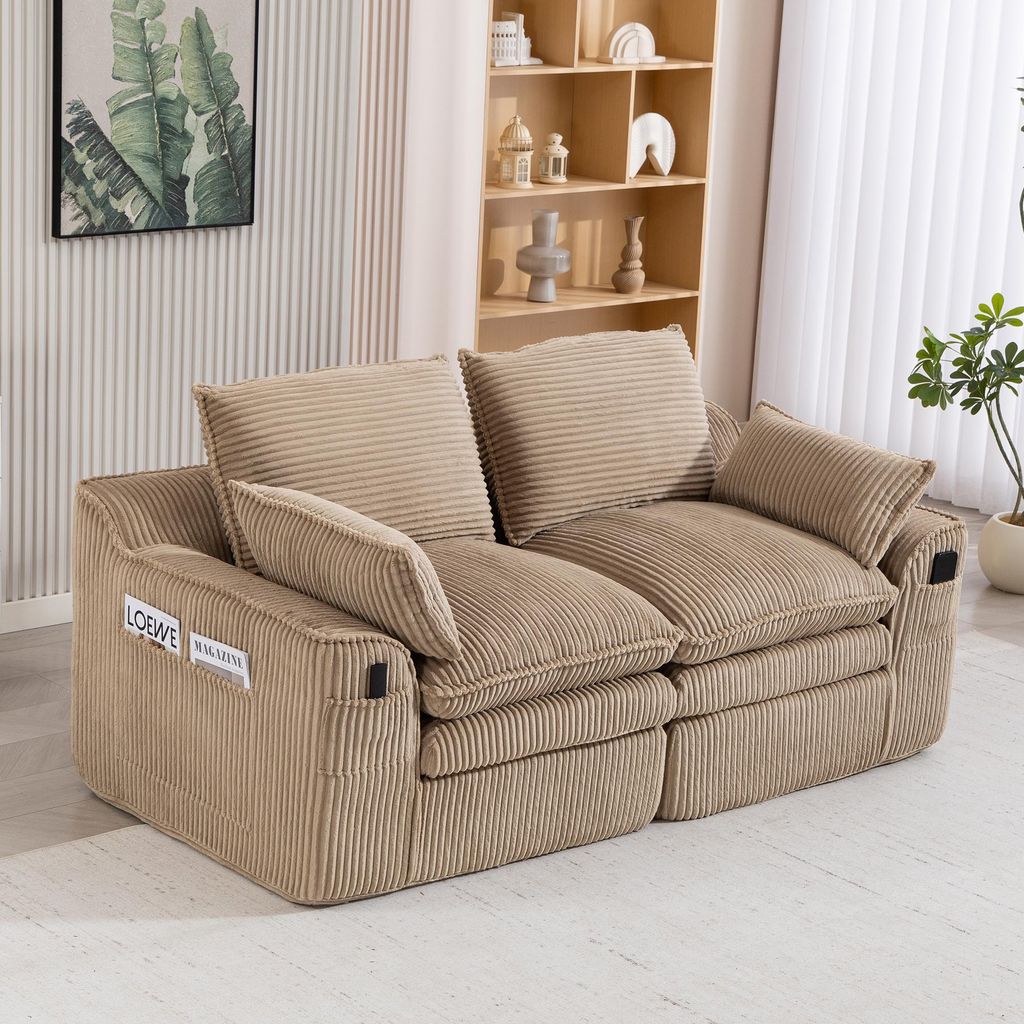 MODFU Zweisitzer Sofa,Modulares Sofa,Big Sofa mit Kissen & 2 Seitentaschen,Cord,Khaki