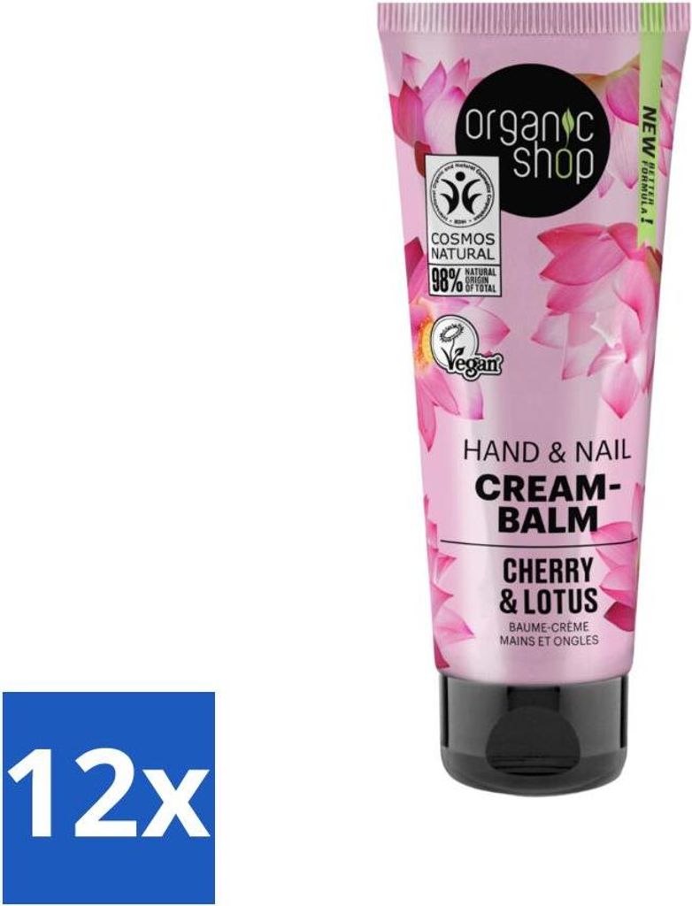 Organic Shop - Hand- und Nagelcreme - Kirsche und Lotus - Nährend und feuchtigkeitsspendend - 75 ml - Vorteilspack - 12 Stücke