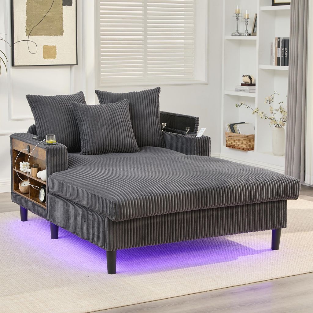 MODFU Liegesessel Loungesofa mit LED-Beleuchtung und USB-Ladeport Schlafsofa mit Stauraum und Seitentasche Multifunktionaler 1-Sitzer-Sofa mit gro...