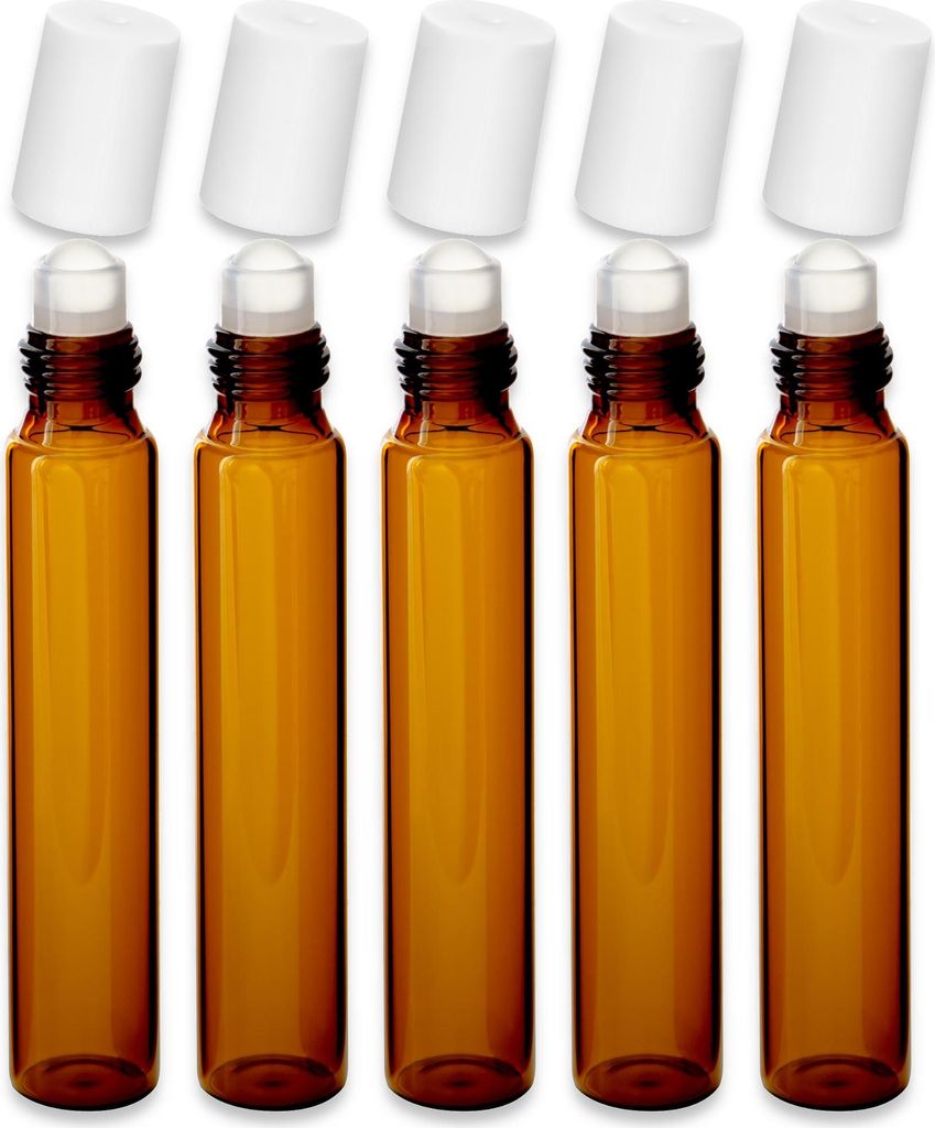 5x Glasfläschchen braun 10 ml Roll-on mit weißer Kappe Miniflasche Set