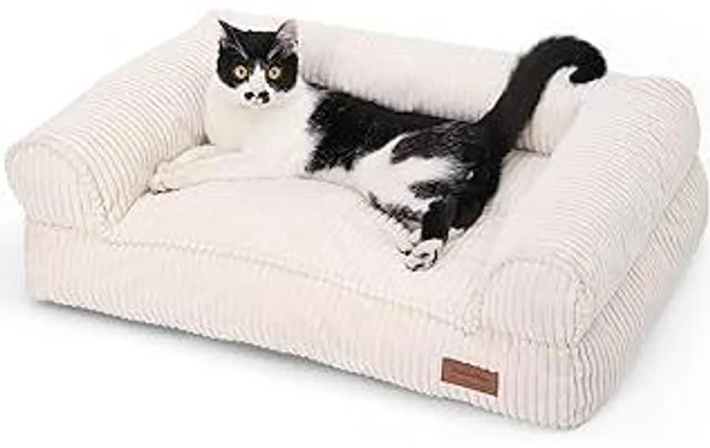 FUKUMARU Letto per gatti, velluto a coste Comodo letto per gatti da interno con rivestimento sfoderabile e lavabile, letto per cani antiscivolo e di sostegno per cani di piccola taglia, 72 x 52 x 22 cm, medio, color crema