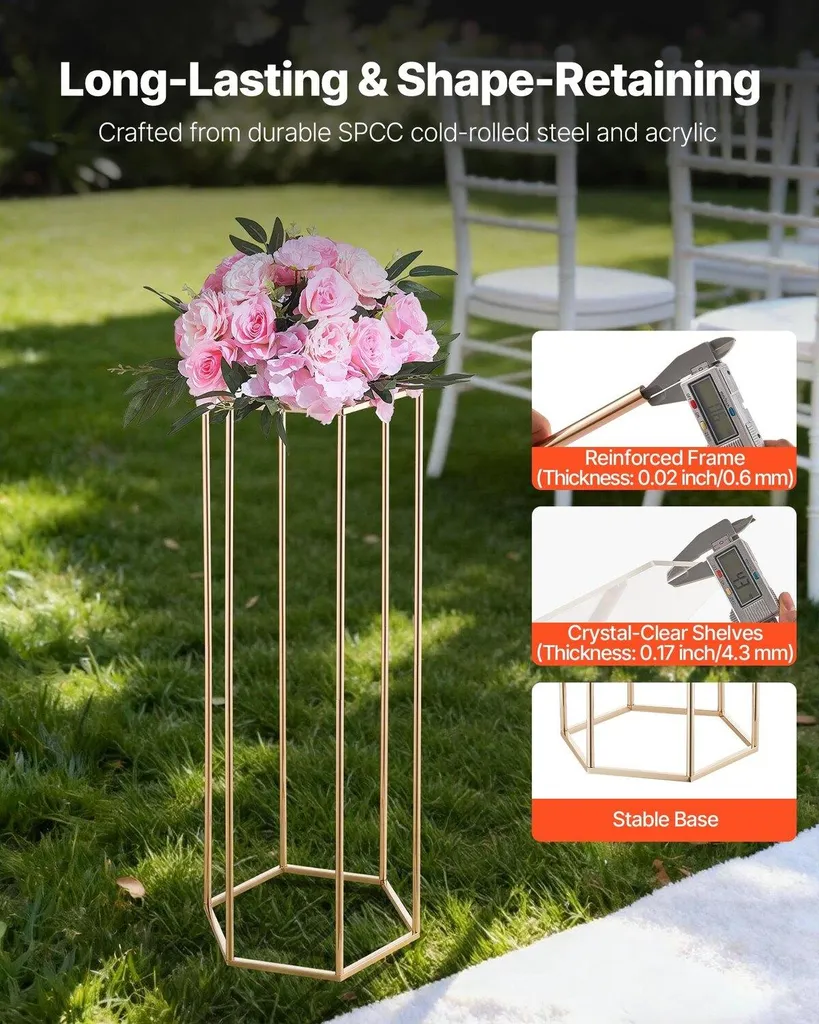 Centre de table mariage colonne dorée 80cm support fleurs hexagonal x10 - 3