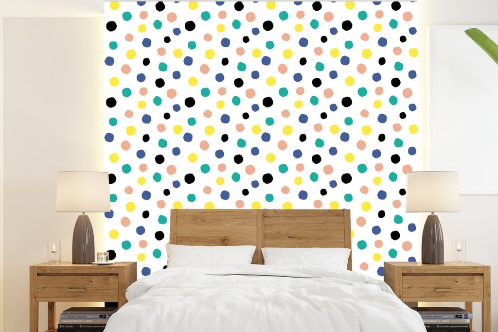 MuchoWow Fototapete für Wohnzimmer oder Schlafzimmer Wandtapete Vinyl Motivtapete Polka dots - Muster - Gelb - 200x220 cm - Vinyltapeten