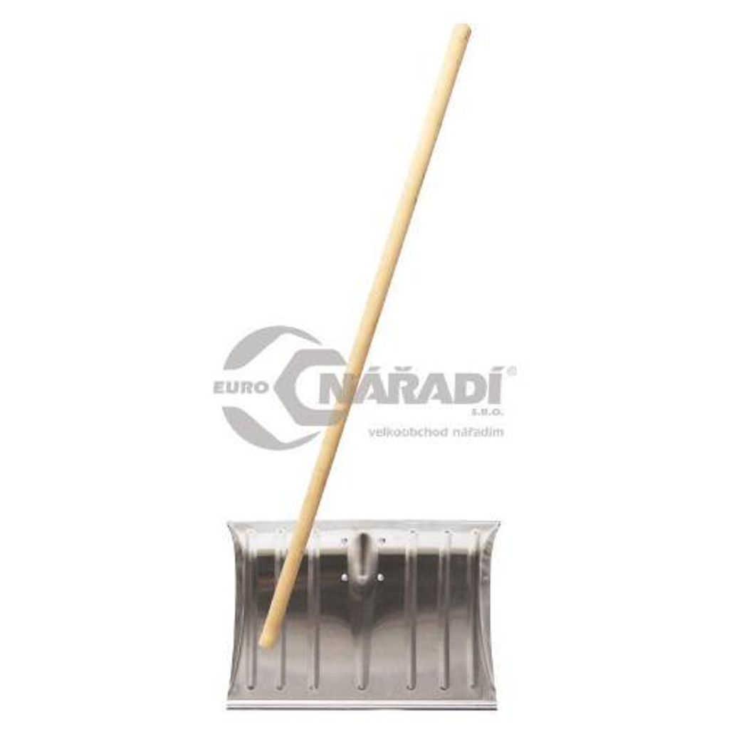 A snow shovel with a wooden handle is shown against a white background. A logo is visible.