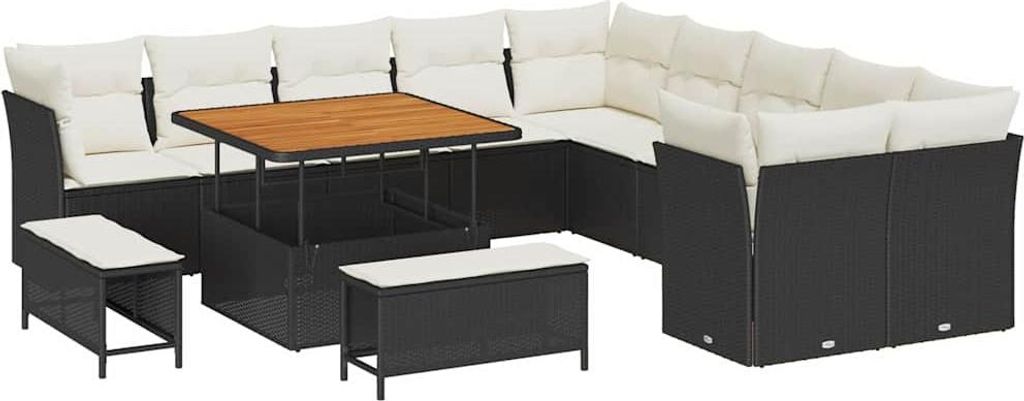 vidaXL Gartensofa-set mit Kissen 13 pcs Schwarz und Creme Poly-Rattan