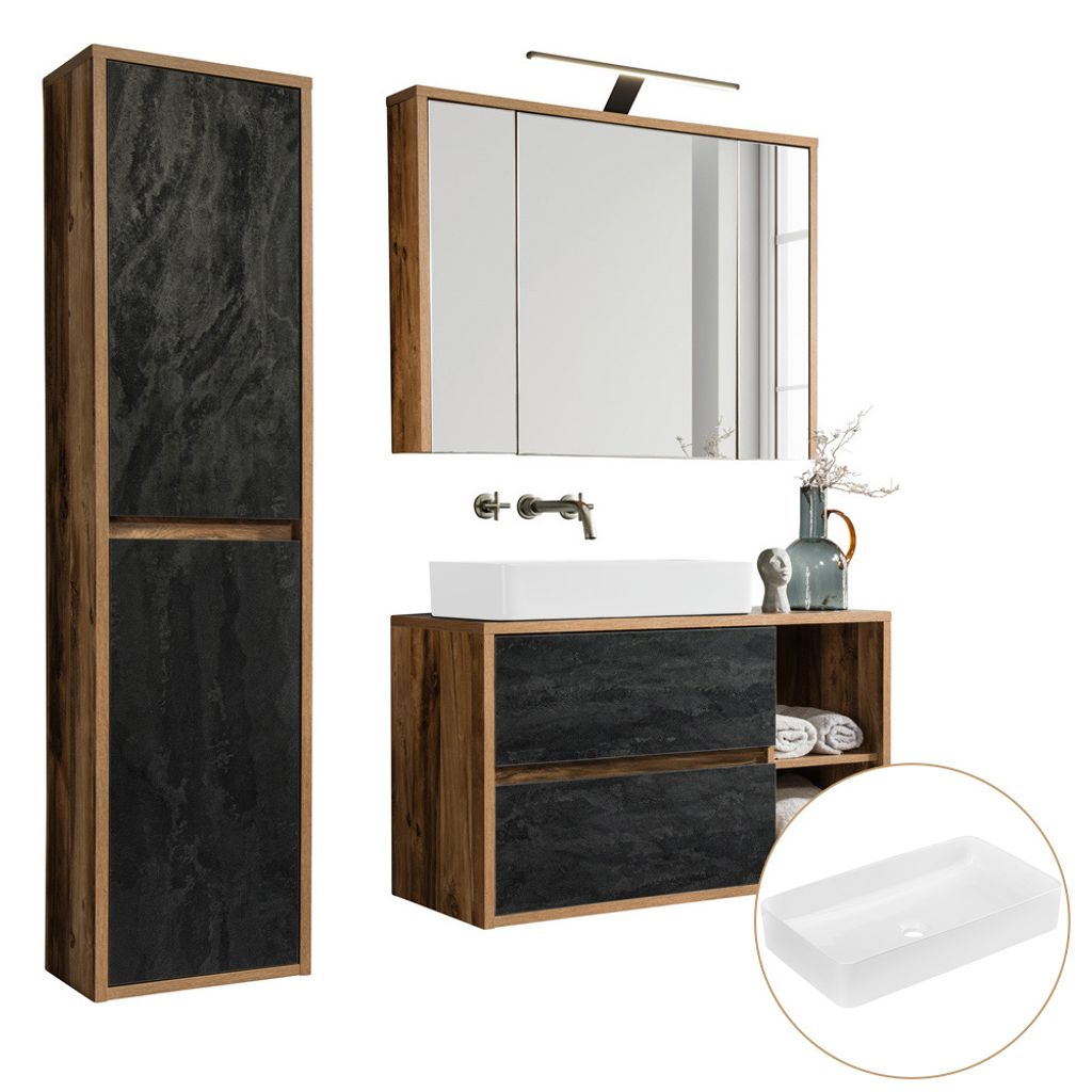 Badmöbel Set mit Keramik-Waschtisch HARLOW-56 Eiche mit Beton-Dunkel Nb., B/H/T ca. 160/200/46 cm