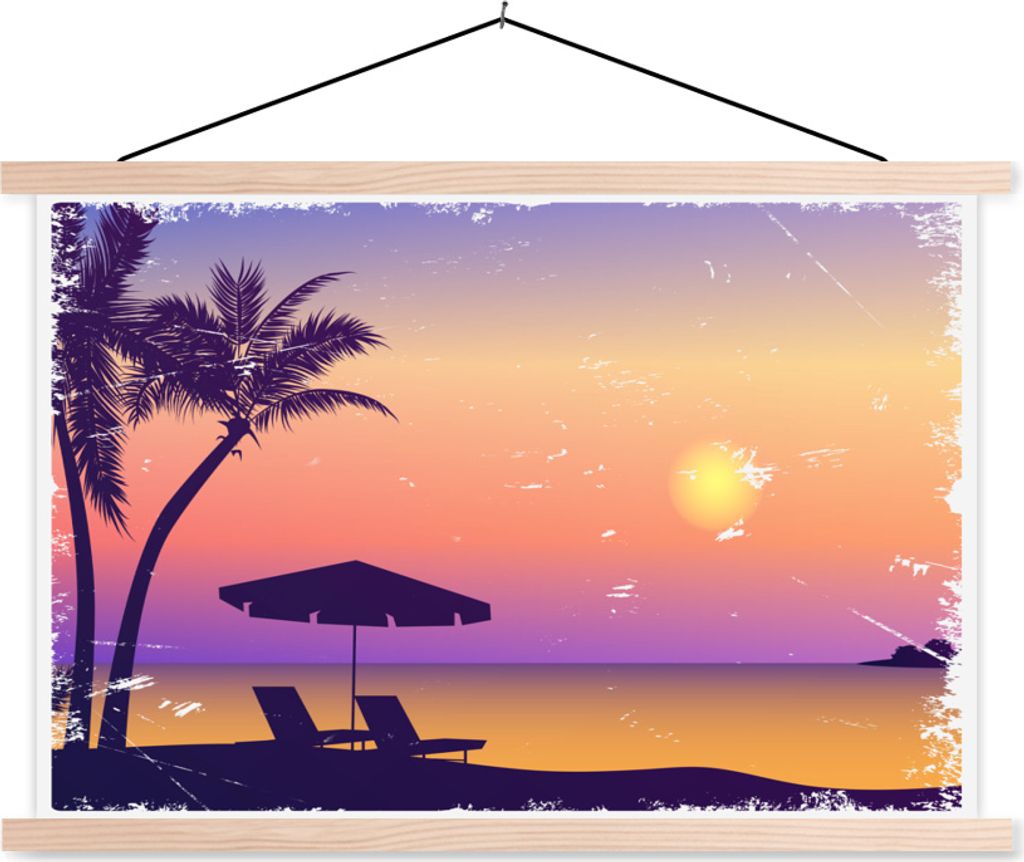 MuchoWow Textilposter Strand - Stuhl - Sonnenschirm - Nacht 60x40 cm mit holzfarbenen Rahmen - Bilder