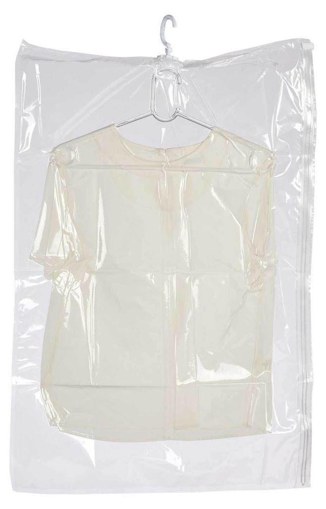 A transparent garment bag with a shirt on a hanger inside.