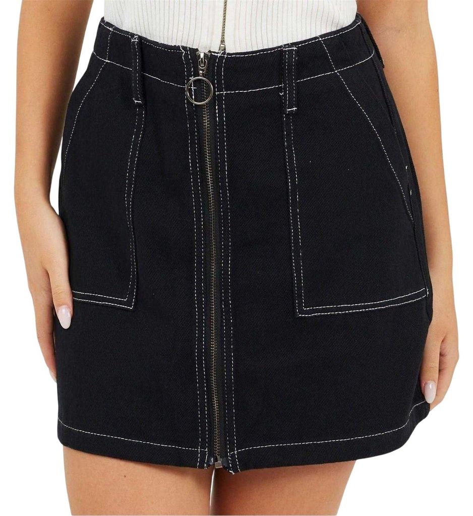 Brave Soul - Minirock für Damen, Durchgehender Reißverschluss, Denim, Hoch geschnitten GT27952 (40 DE) (Schwarz/Weiß)