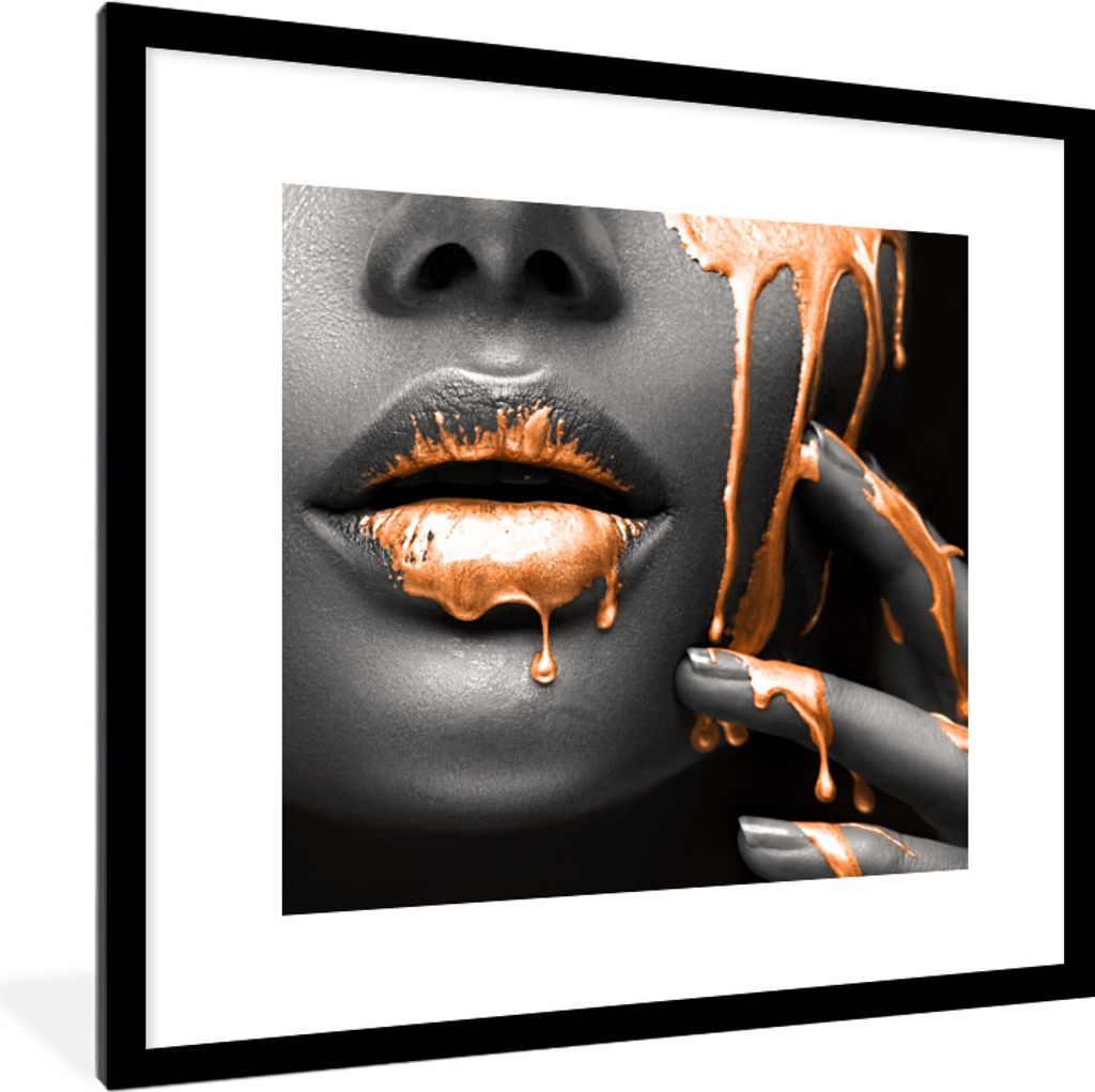 MuchoWow MuchoWow Gerahmtes Poster Lippen - Orange - Schwarz 40x40 cm - Poster mit zchwarzem Bilderrahmen - Poster - Plakat im Rahmen