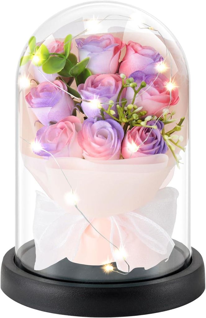 Ewige Rose in einer Glaskuppel mit LED-Beleuchtung zum Verschenken Lila
