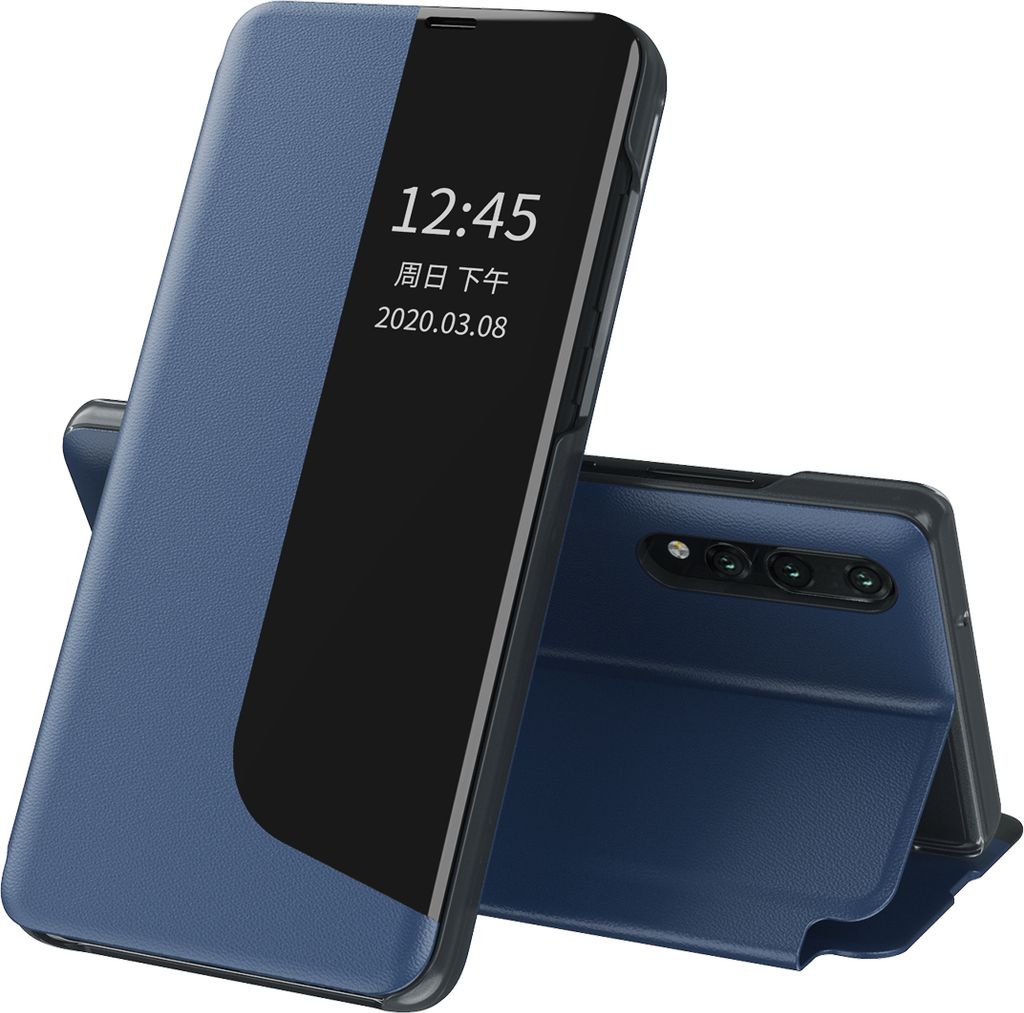 LaimTop Hülle für Huawei P20 Pro, Smart View Fenster Flip Stand Cover Kunstleder Schutzhülle für Huawei P20 Pro Blau