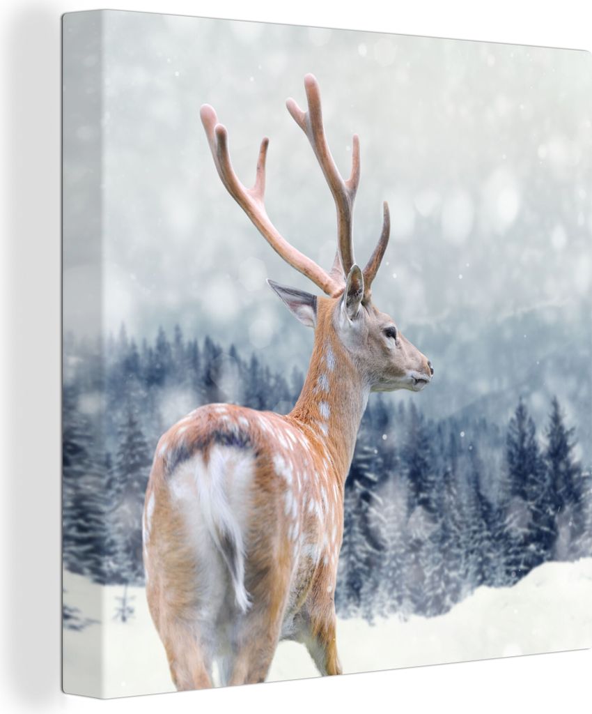 MuchoWow - Leinwandbilder - Winter - Hirsche - Tiere, Wandbild, Wanddeko Bilder Wohnzimmer, 20x20 cm