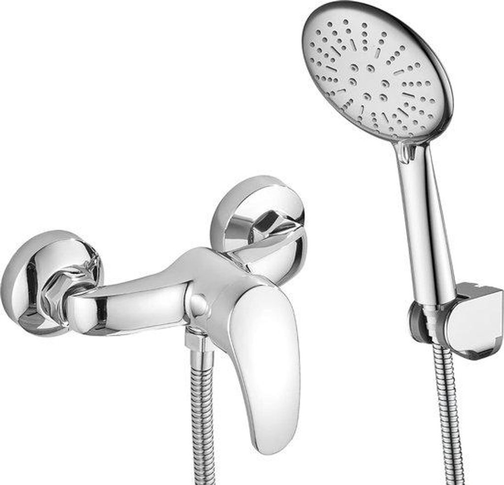Duscharmatur mit Handbrause, 1,5m Edelstahl-Schlauch, 3 Strahlarten, verchromt