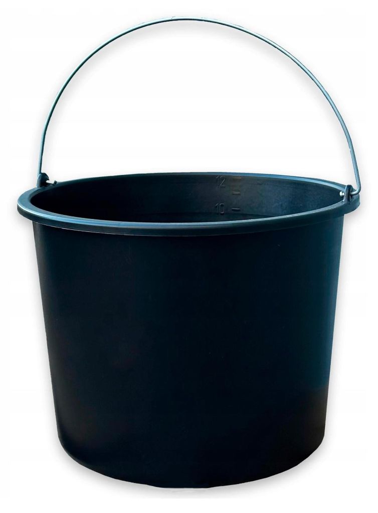 A black bucket with a metal handle, isolated on a white background.