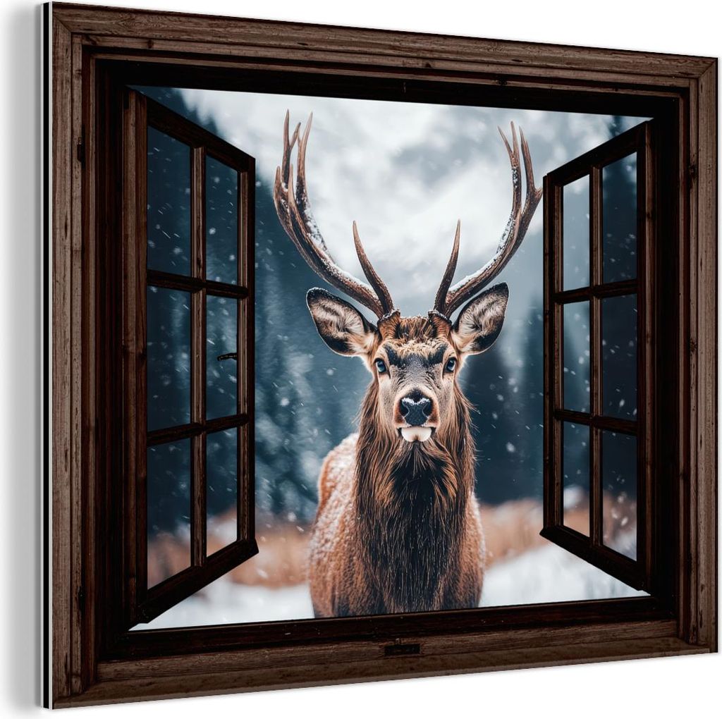 MuchoWow Wanddekoration Metall Metallbild Wandkunst 80x60 cm Durchsichtig - Hirsche - Tiere - Landschaft - Winter - Schnee - Ländlich MuchoWow Alu...