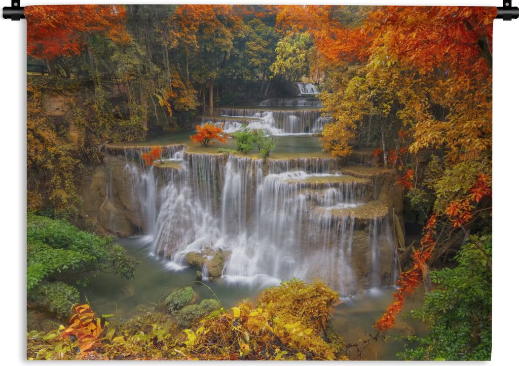 MuchoWow Wandteppich Wandbehang Bäume - Wasserfall - Herbst 90x67.5 cm Tapisserie Dekoration Wandtuch - Fototeppich - Wand-Skulpturen