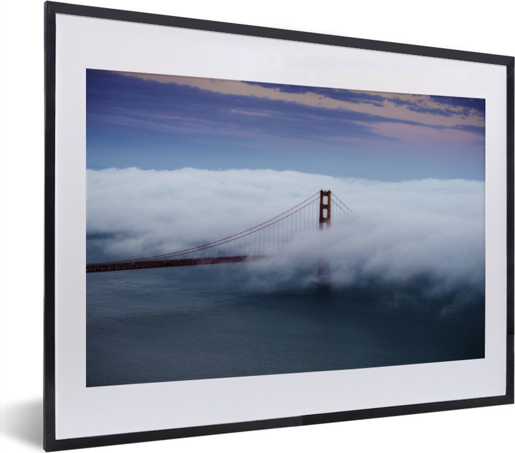 MuchoWow MuchoWow Gerahmtes Poster Golden Gate Bridge von Wolkenvorhang getroffen 40x30 cm - Poster mit zchwarzem Bilderrahmen - Bilderrahmen -...