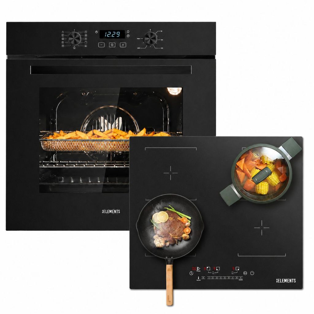 KB ELEMENTS Herdset Autark Kratzfestes Induktionskochfeld mit 2 Flexzonen + Einbaubackofen 60 cm, Air Fry, Steam Clean, Heißluft, A+