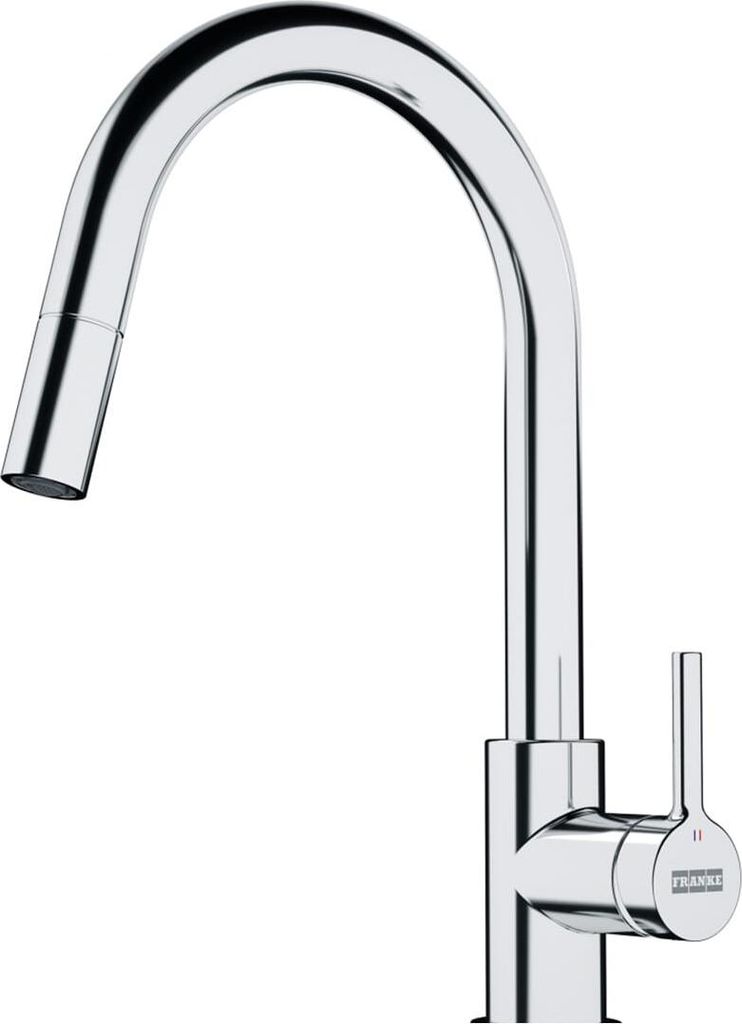 A close-up studio shot of a chrome kitchen faucet.