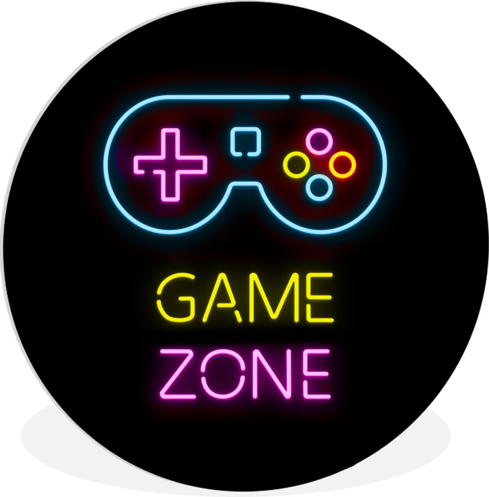 MuchoWow Rundes Wandbild - Runde Bilder Controller - Spiel - Neon - Schwarz - Zitate - Spielzone Ø 90 cm Kreis Wanddekoration Kunststoff - Wandk...
