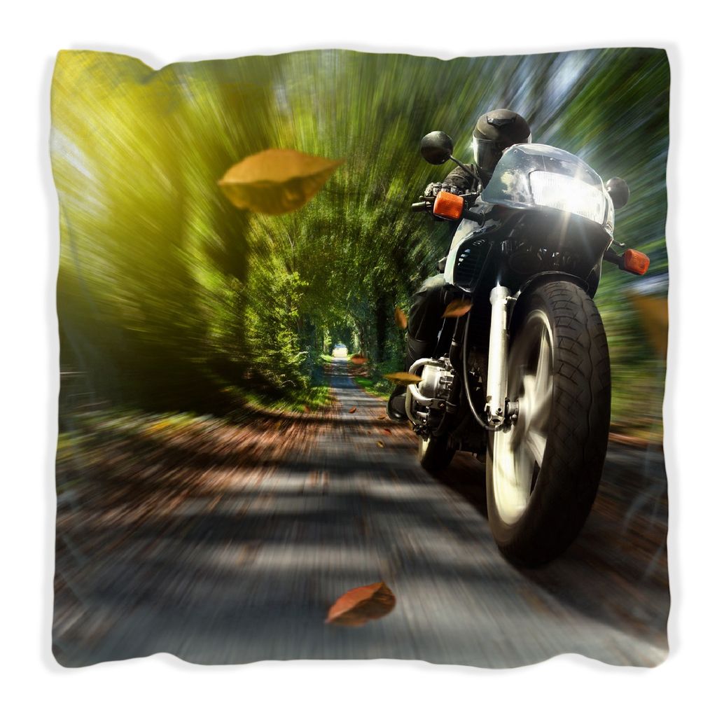 Wallario Premium Kissen, weiche Oberfläche, mit Motiv Fahrendes Motorrad im Wald mit Herbstlaub, Größe: 40 x 40 cm, mit weißer Rückseite
