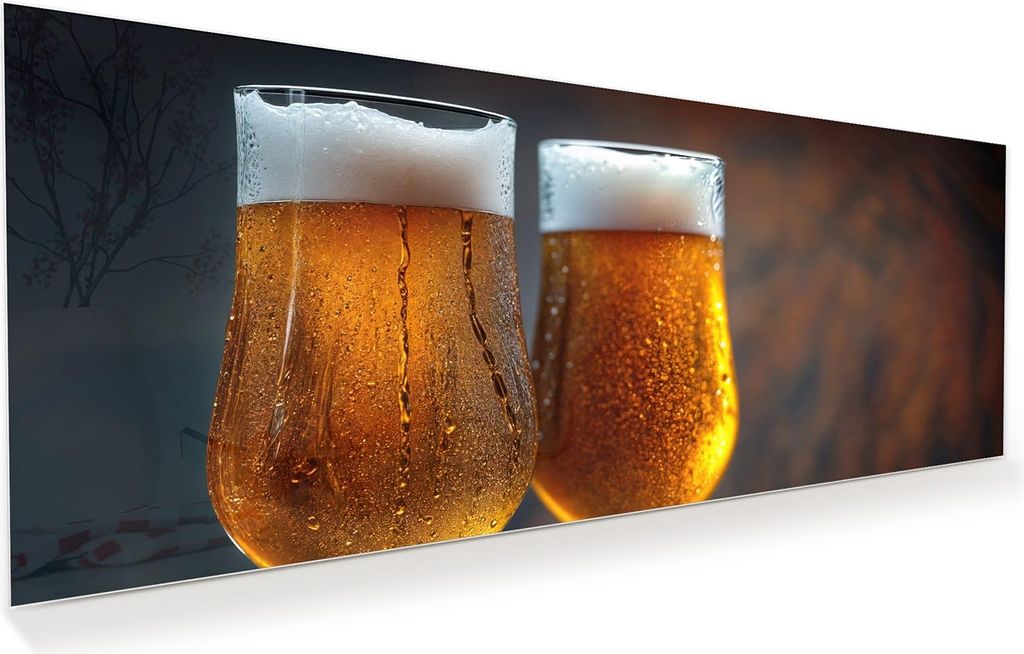 Glasbild 100x40cm in XXL für Wohnzimmer, Schlafzimmer Motiv Zwei Biergläser Holz