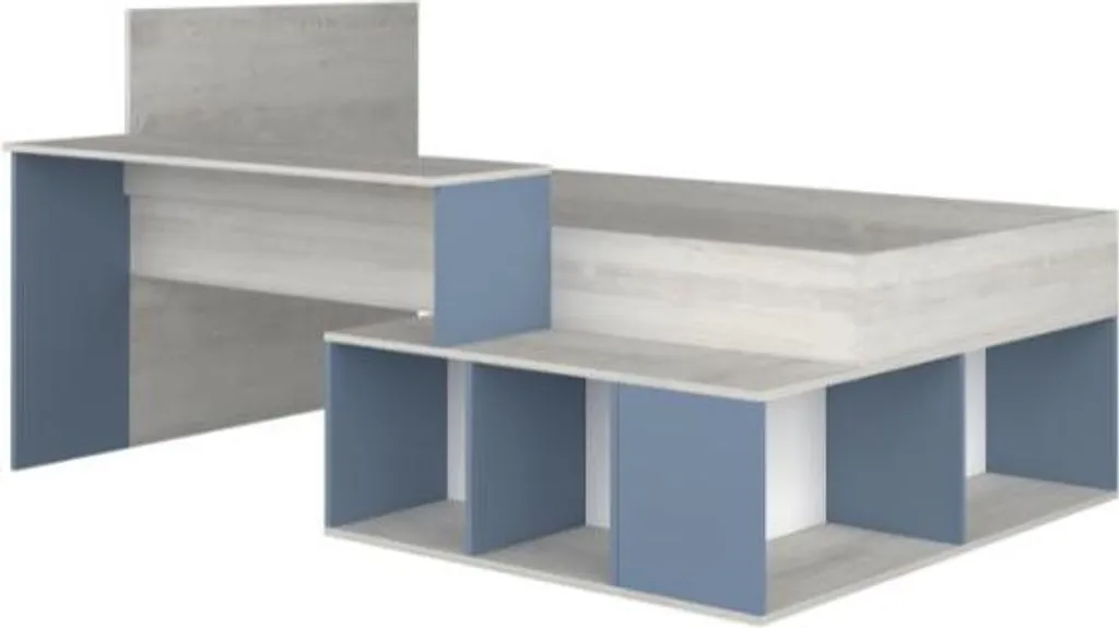 Lit combiné Quinn 90x200 cm avec bureau et rangement en pin et bleu