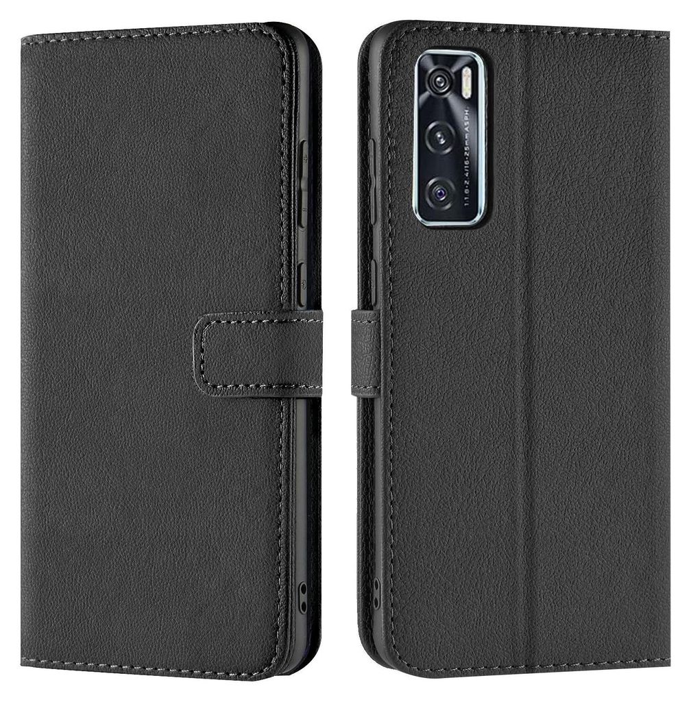 A black flip case for a smartphone is shown from the front and back.
