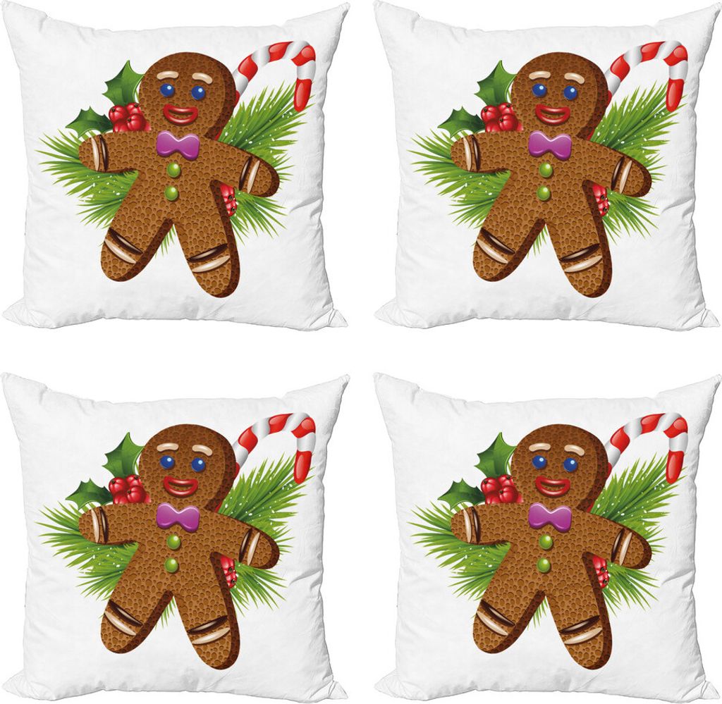 ABAKUHAUS Lebkuchenmann Kissenbezug Set (4 Stück), Weihnachten, Moderner Doppelseitiger Digitaldruck, 40 cm x 40 cm, Braun, Grün, Rot