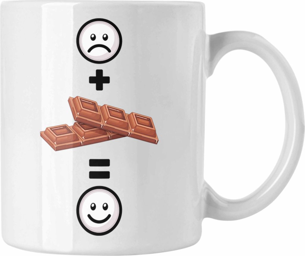 Trendation - Schokolade Tasse Geschenk für Schoko-Liebhaber Lustige Geschenkidee :( + Schokolade = :) Geburtstag (Weiß)