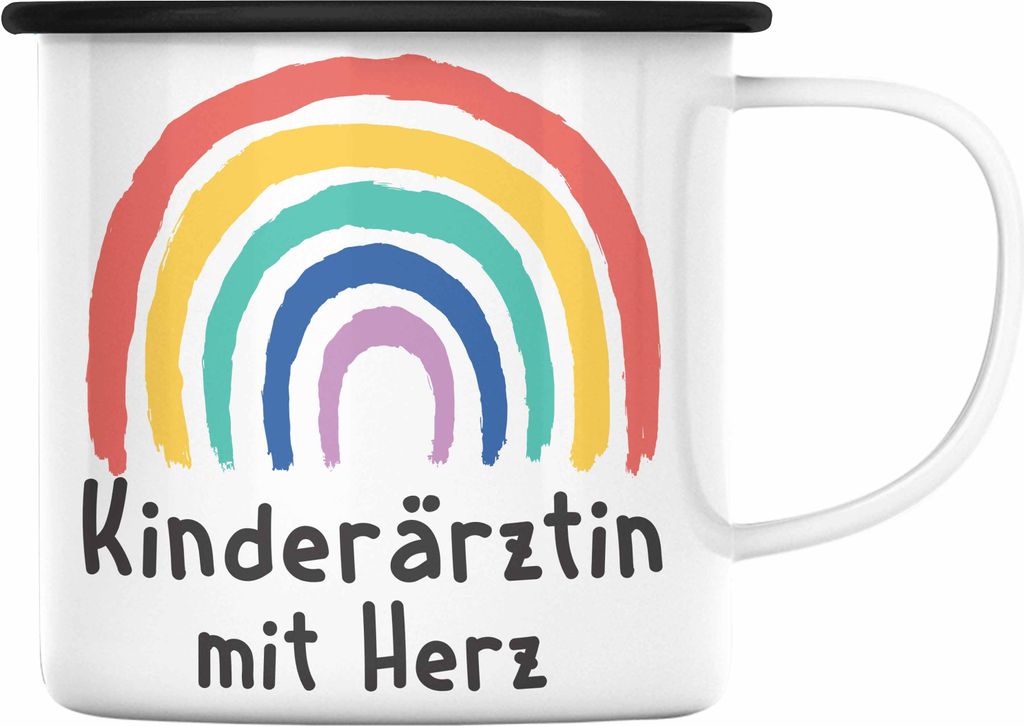 Trendation - Kinderärztin mit Herz Emaille Tasse Geschenk Geschenke mit Spruch Emaille Emaille Tasse Kinderärztin Dankeschön (Schwarz)