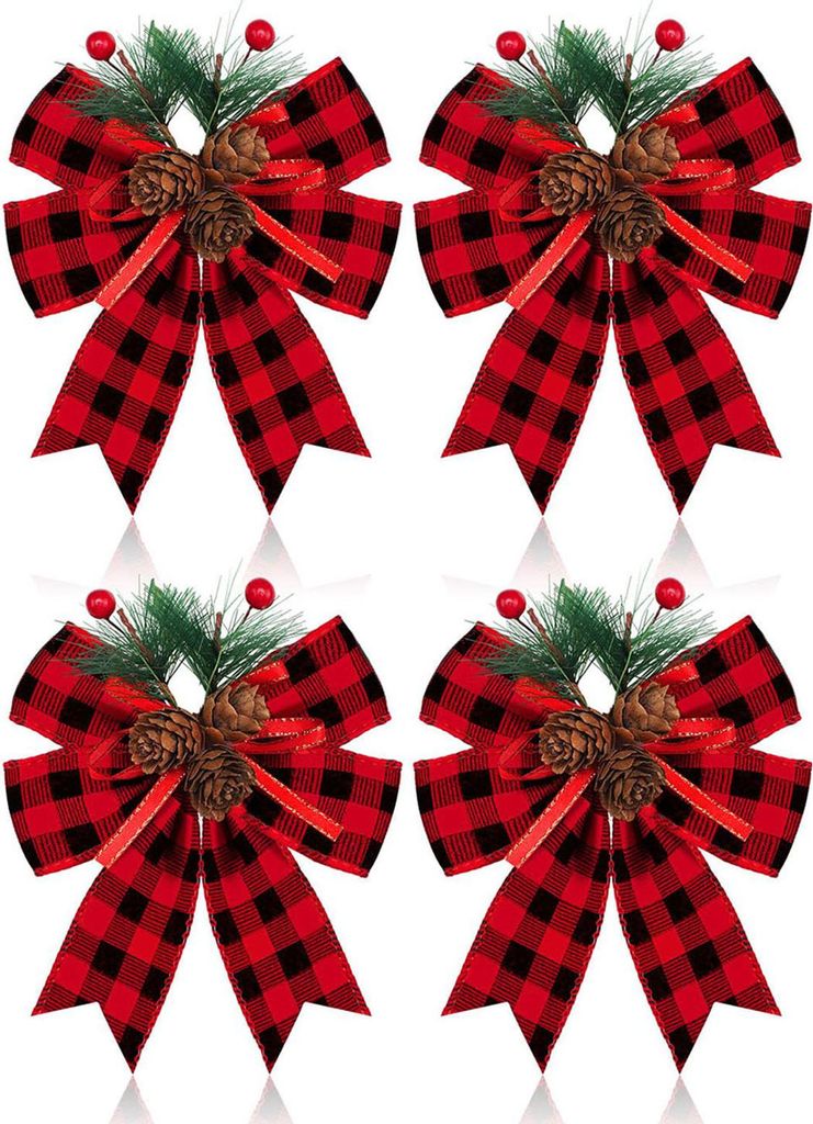 Weihnachtsschleifen mit Tannenzapfen, Tannennadeln und kariertem Schleifenband – Christbaumkranz-Dekoration zum Verpacken von Geschenken