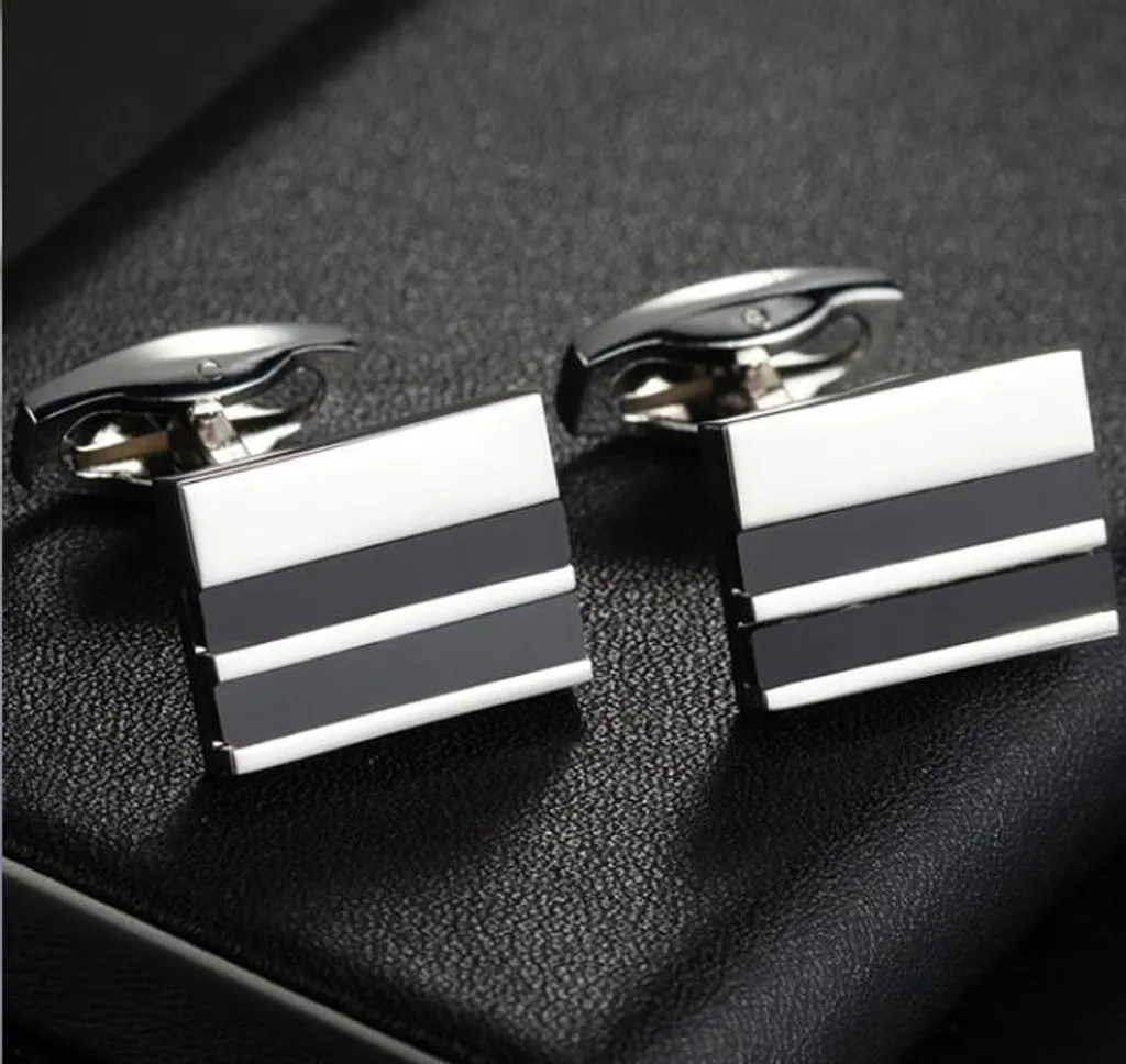 Boutons de manchette deux bandes noires en acier poli pour chemise chic