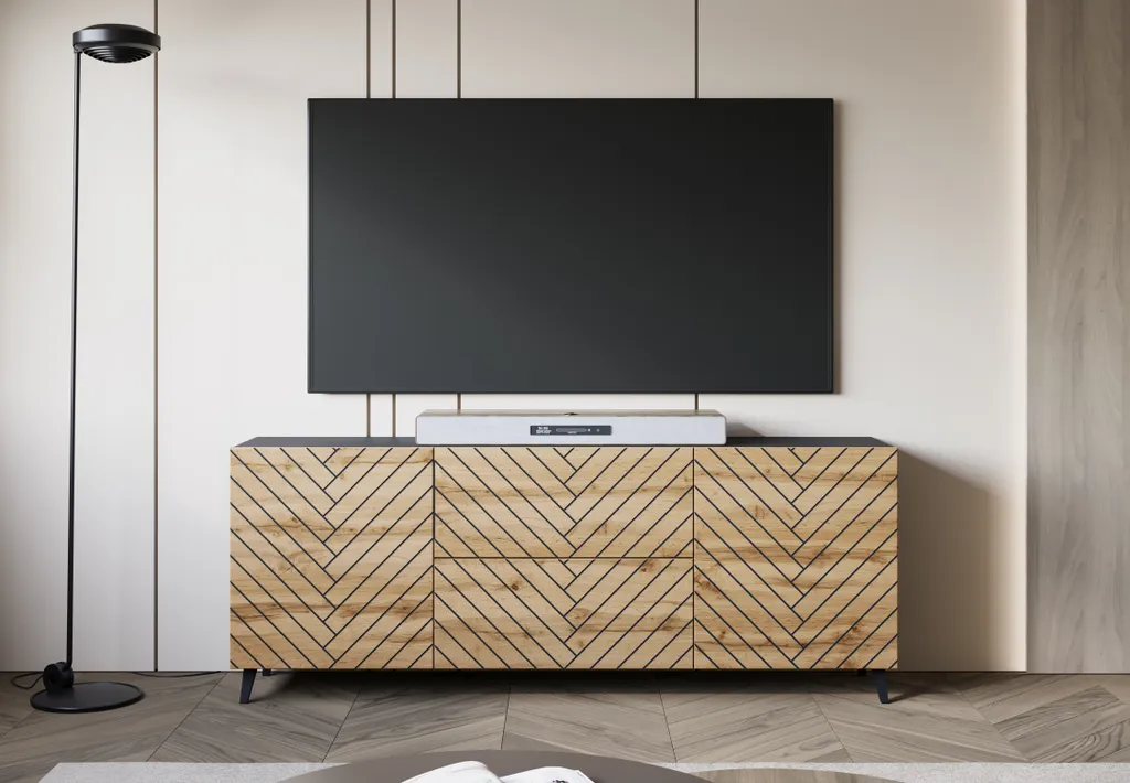 Commode 180 cm LOKET façade chevrons - Design Noir et Chêne Wotan