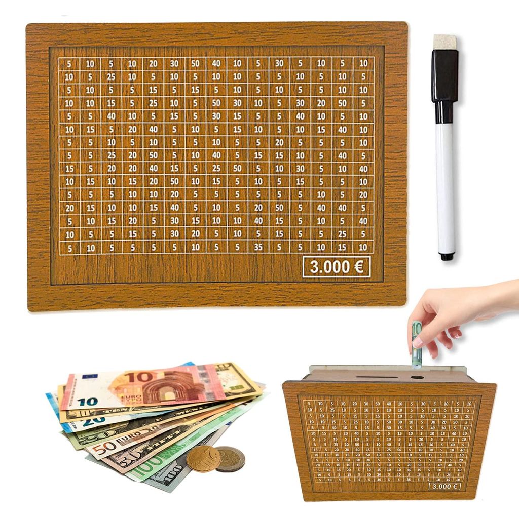 Spardose aus Holz, Retro-Spardose mit Aufbewahrungsfach, Sparschwein mit Stift, Spardose, wiederverwendbare Spardose mit Sparziel und Abhakpunkten,...
