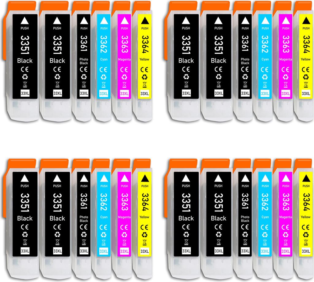 A collection of ink cartridges arranged in two rows.