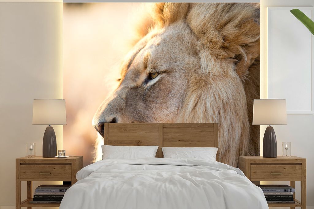 MuchoWow Fototapete für Wohnzimmer oder Schlafzimmer Wandtapete Vinyl Motivtapete Profil- Löwe - Tiere - 300x300 cm - Wanddekoration