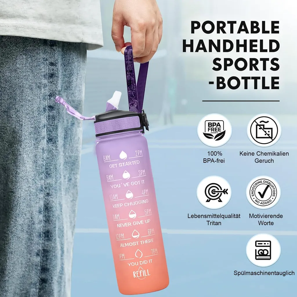CampTeck Borraccia 1 Litro 1000 Ml - BPA Free Tritan, Coperchio Flip Lock A Prova Di Perdite, Con Cinghia, Per Palestra E Sport - 4