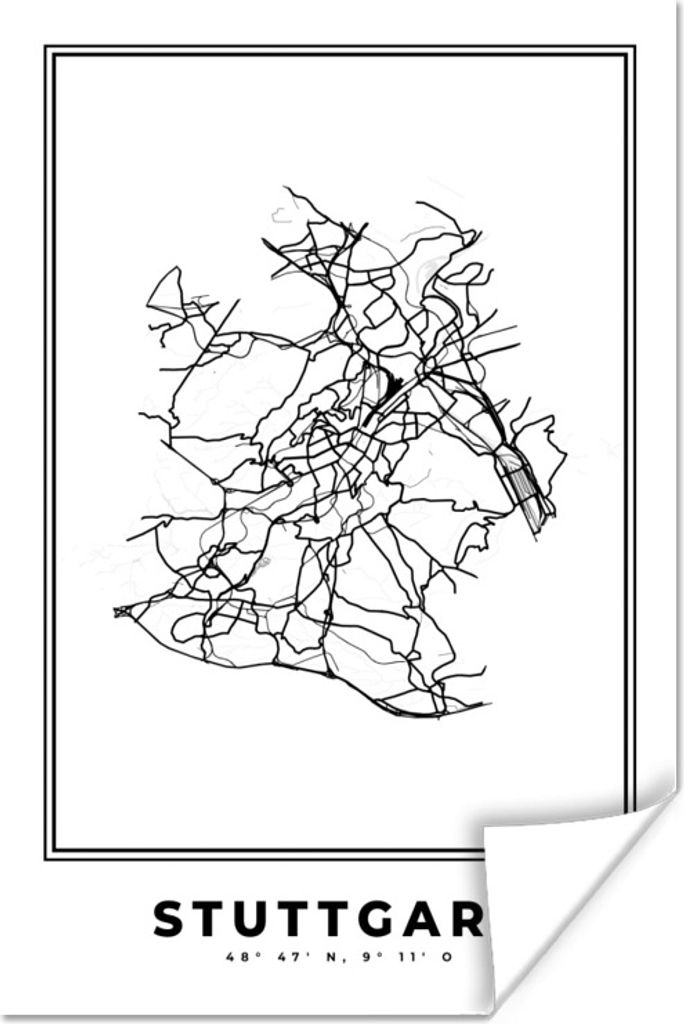 MuchoWow Poster Schwarz und weiß - Deutschland - Karte - Stadtplan - Stuttgart 80x120 cm - Papierdruck