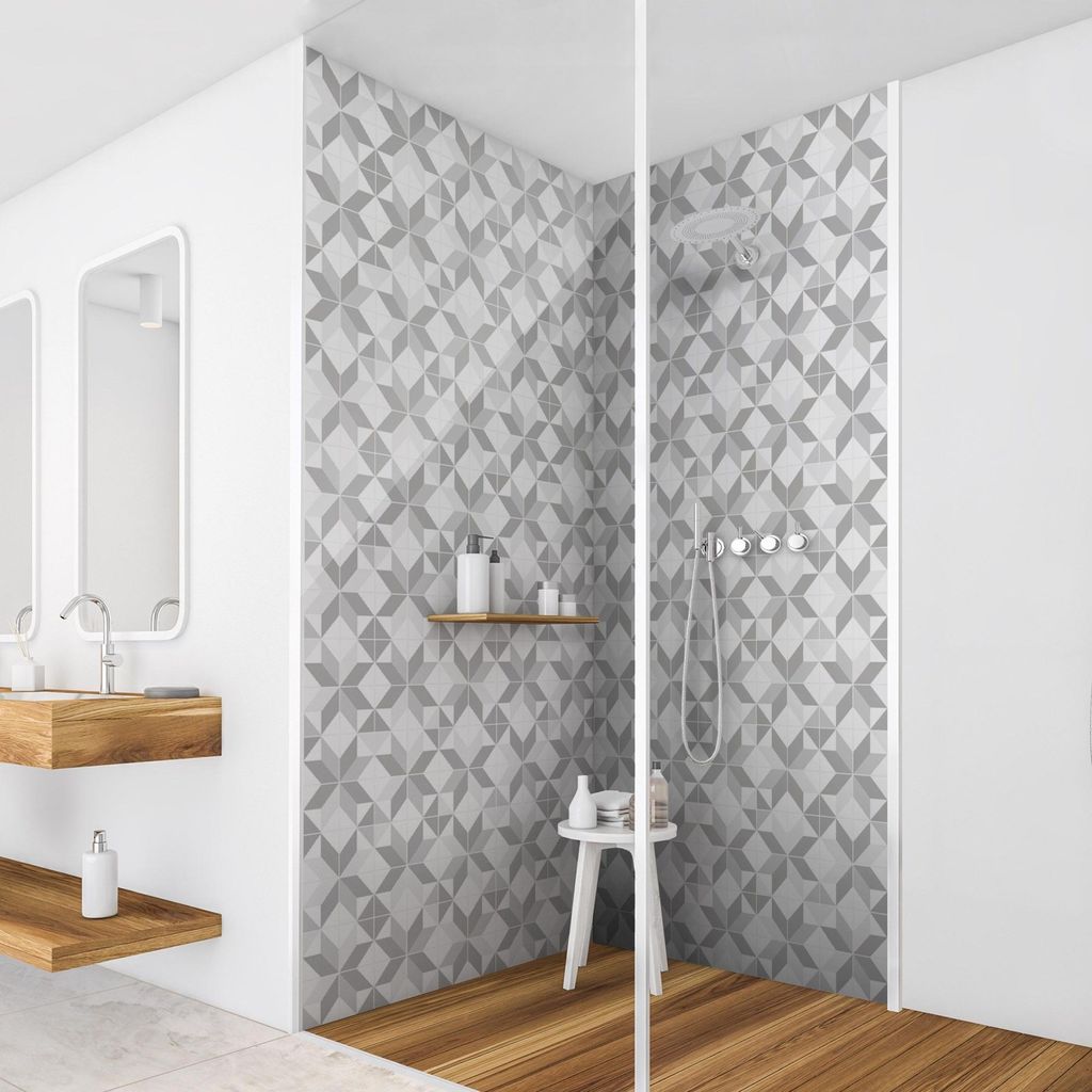 Duschrückwand Muster selbstklebend - 0.35 mm Wandpaneel wasserfest Geometrisch grau Fliesenoptik Abstrakt Badrückwand fugenlos Smart matt 100x200 cm