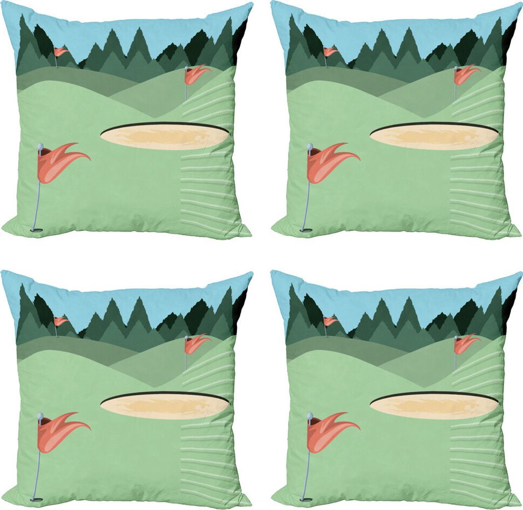 ABAKUHAUS Golfplatz-Szene Kissenbezug Set (4 Stück), Hills Flags Woods, Moderner Doppelseitiger Digitaldruck, 45 cm x 45 cm, Pale Green Forest Green