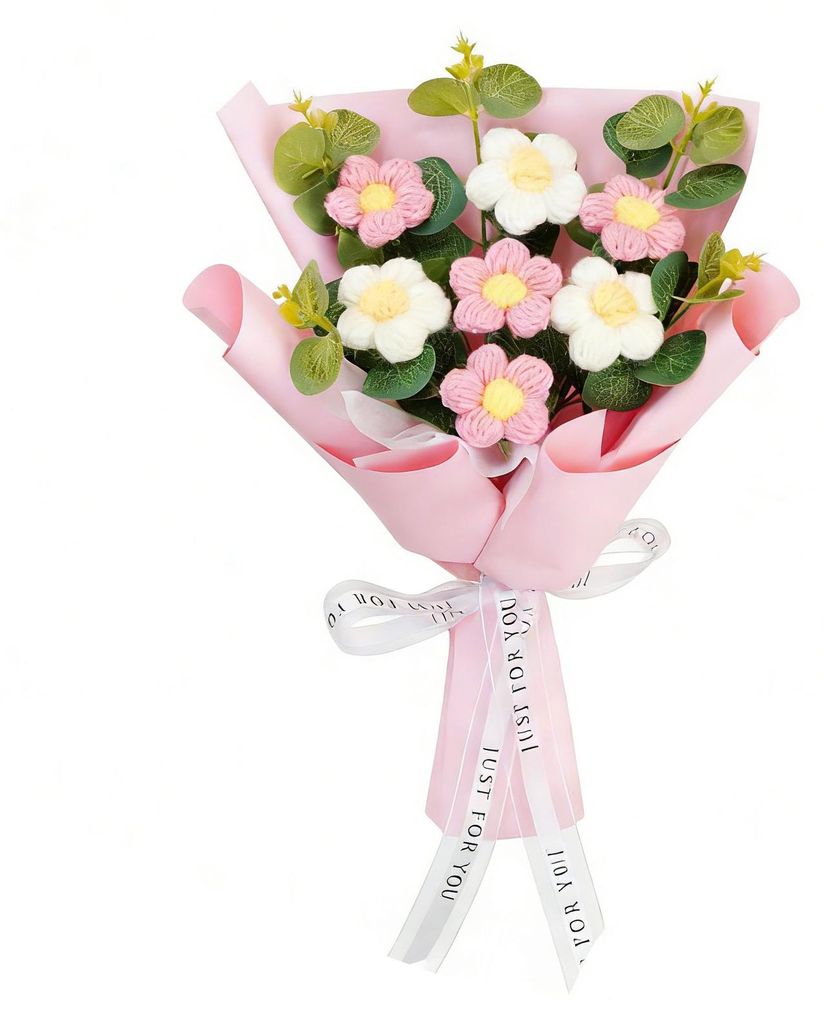Handgehäkelter Kunstblumenstrauß aus weichem Baumwollgarn, pflegeleicht, flexible Stiele, ideal für Valentinstag, Hochzeiten und andere Dekorati...