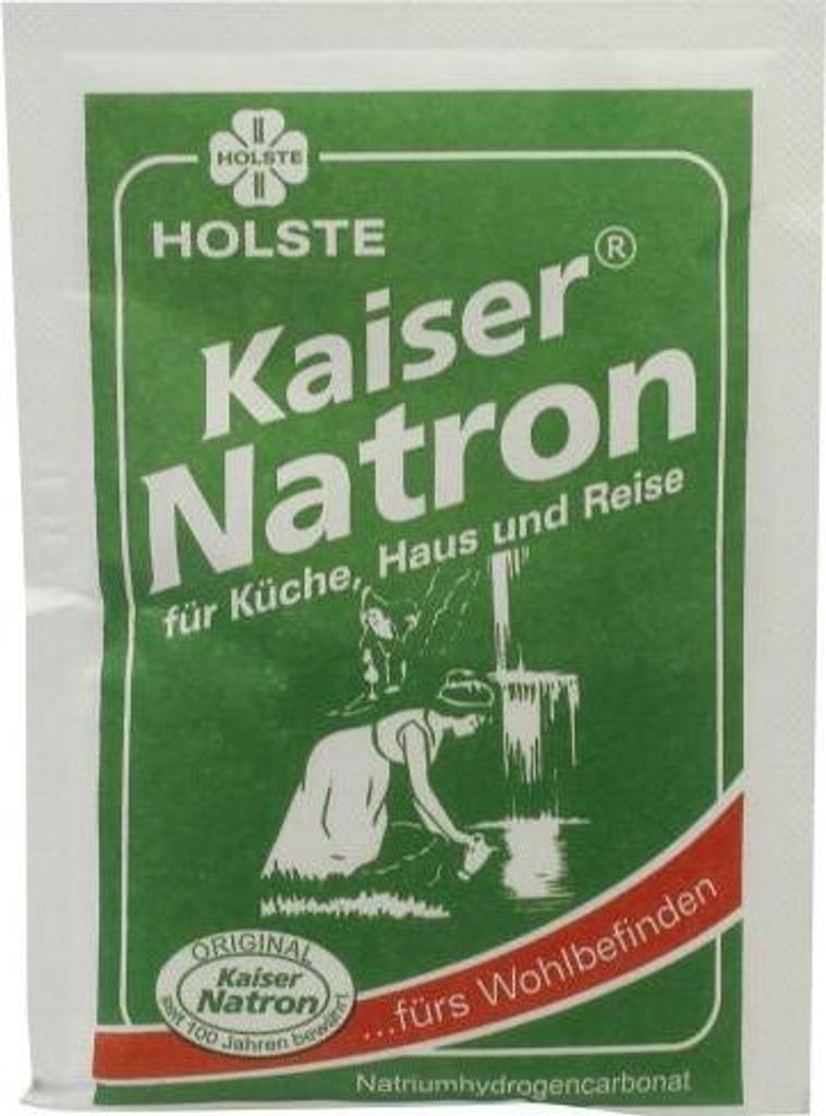 A package of Kaiser Natron powder with a green background and an illustration of a woman at a well.