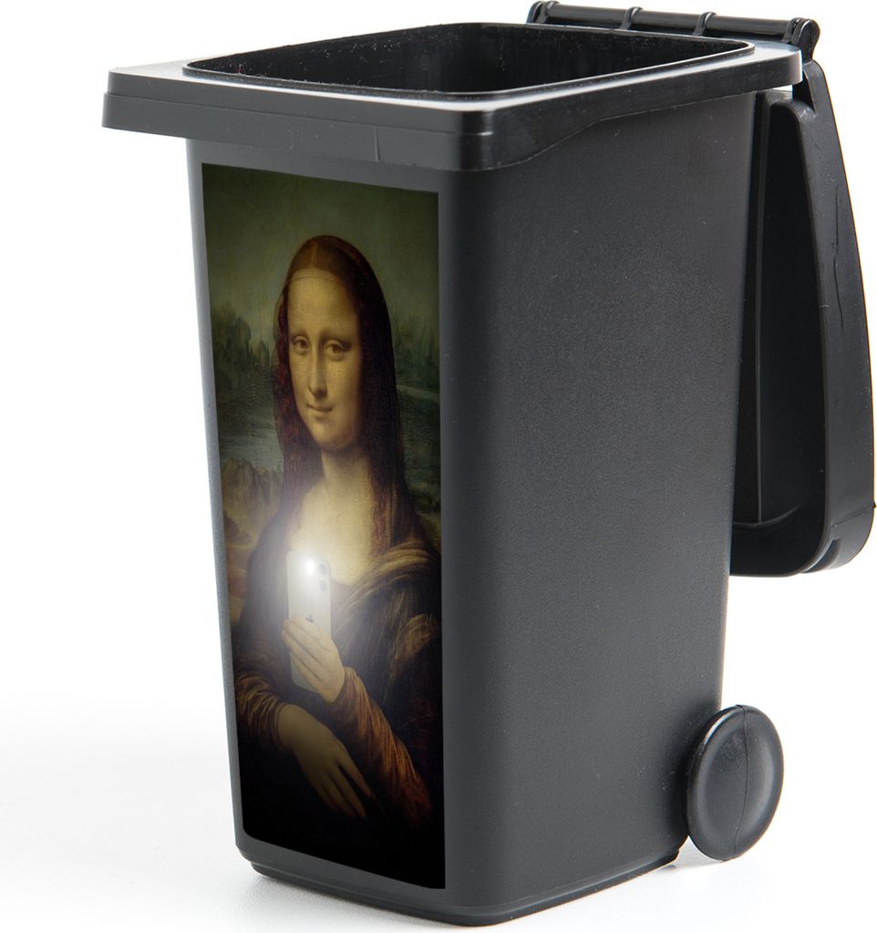 MuchoWow Mülltonnenaufkleber Mona Lisa - Da Vinci - Telefon 38x80 cm - Behälteraufkleber - Mülleimer-Aufkleber - Container-Aufkleber