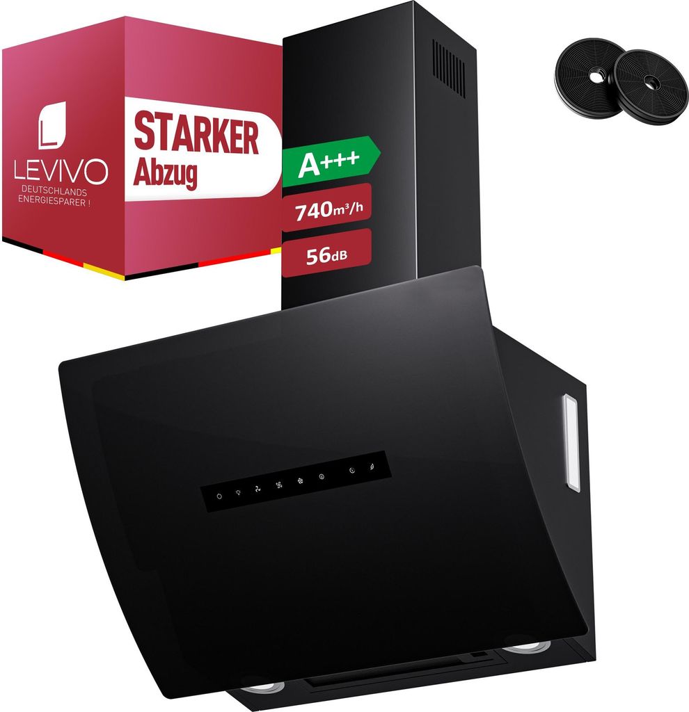 A black range hood is shown with marketing labels and accessories.
