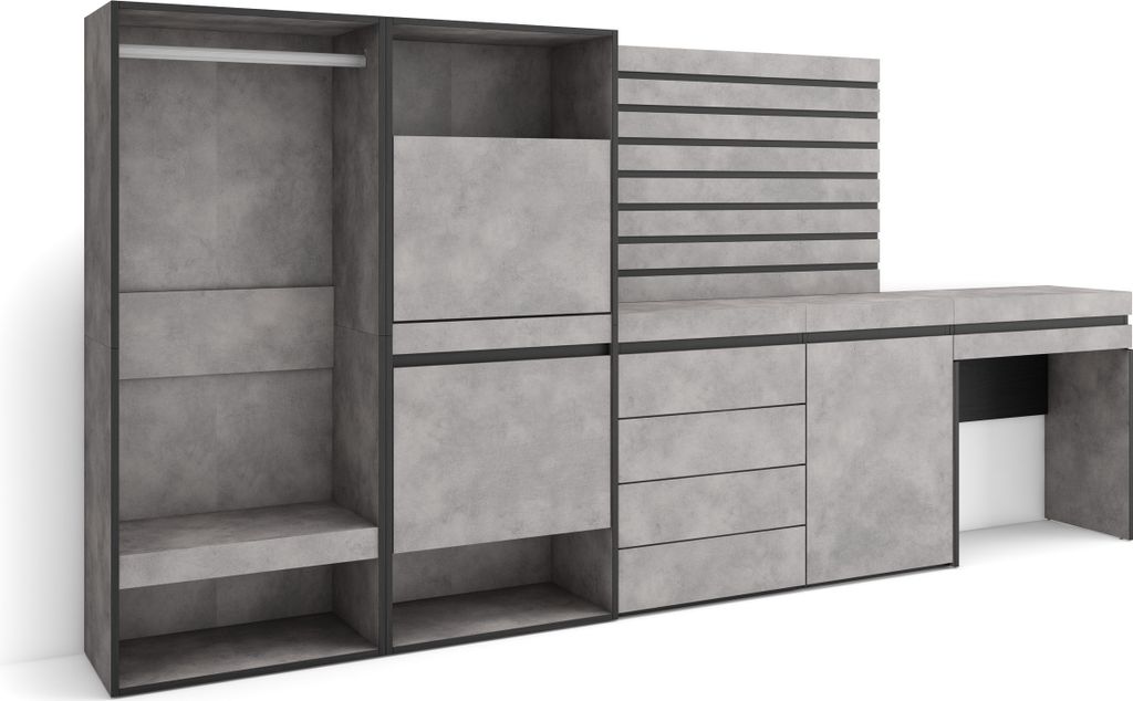 Schuhregal, Schuhschrank, 297x35x145 cm, Für Schlafzimmer, Offener Kleiderschrank, Kommode mit Schubladen, Lamellenwand Holz, Schminktisch, Zement...