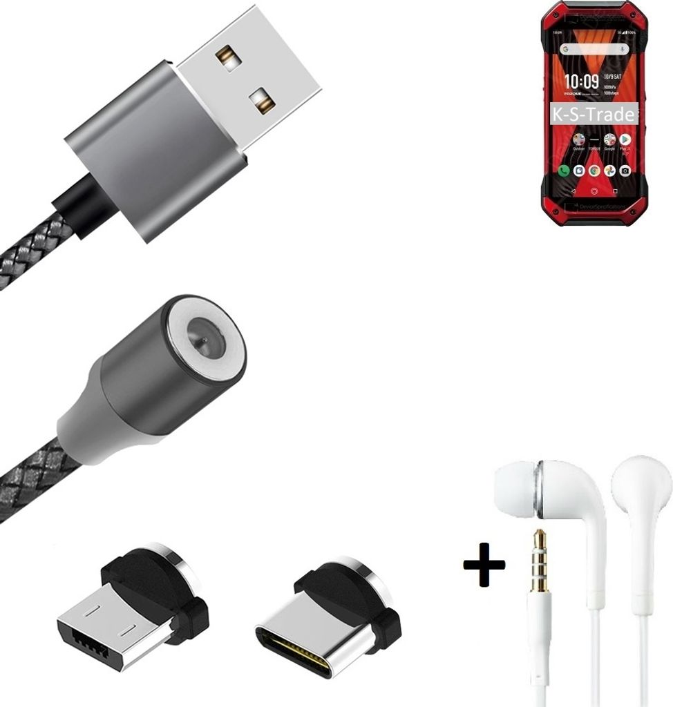 K-S-Trade Hochwertiges Magnet-Lade-kabel Sync-Kabel Daten-Kabel + Kopfhörer kompatibel mit Kyocera Torque 5G mit USB-Typ-C-Anschluss und