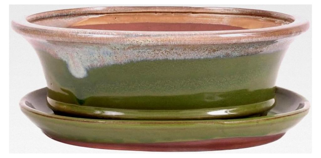 Bonsai-Schale oval 26 x 21 x 9,5 cm, beige/grün, mit Untersetzer