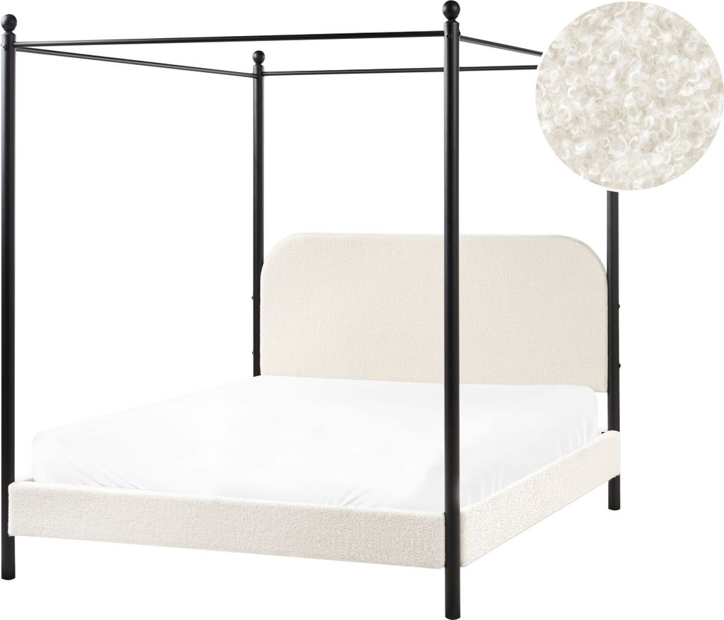 BELIANI Himmelbett Cremeweiß Bouclé-Stoffbezug u. Metall mit Lattenrost 140x200 cm Hohes Kopfteil Modernes Design Doppelbett mit Baldachin Himmel